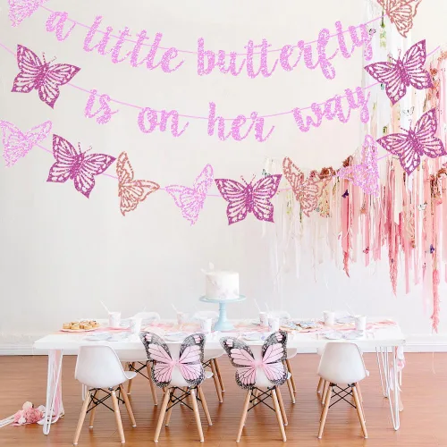 Miniatura 6 de Decoración de fiesta de baby shower con diseño de mariposa con purpurina rosa "A Little Butterfly Is On Her Way" para fiesta temática de mariposa