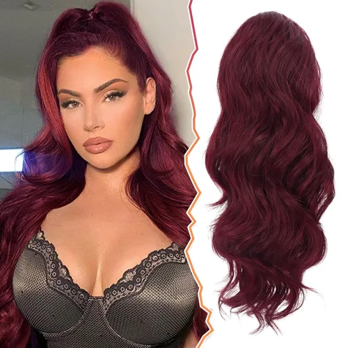 BARSDAR Extensión de cola de caballo rojo burdeos, extensiones de cabello ondulado con cordón de 16 pulgadas para mujer, extensiones de cabello