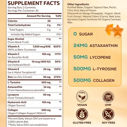 Miniatura 5 de Gomitas bronceadoras con astaxantina para mujeres y hombres Suplemento de bronceado sin sol con betacaroteno, licopeno, colágeno y vitaminas
