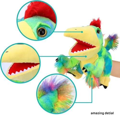 Miniatura 3 de Marioneta de mano de peluche de Caudipteryx, juguete de animal de peluche con boca móvil abierta, dinosaurio de peluche creativo para juego de rol