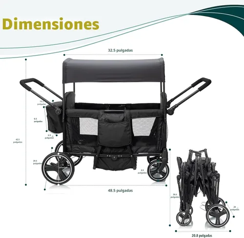 Miniatura 9 de Voupou - Vagón con cochecito para 2, 3, 4 niños, 4 plazas, todo terreno, tándem, vagón para bebés, plegable, ligero, con arnés de 5 puntos, toldo
