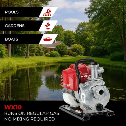 Miniatura 3 de Honda Power Equipment WX10 Bomba de agua de 52 PSI de 4 tiempos con adaptador de manguera, manguera de succión, abrazaderas y colador, motor