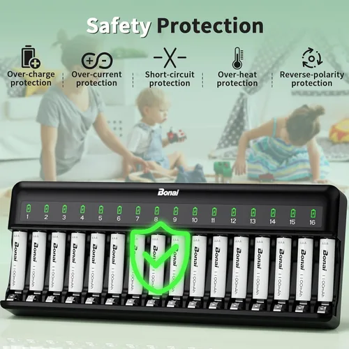 Miniatura 7 de Bonai Baterías AAA recargables con cargador, cargador de batería inteligente rápido de 16 bahías con enchufe de CA americano y baterías triple A