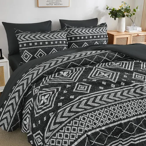 Miniatura 4 de Yiran - Juego de edredón tamaño Queen de 7 piezas, reversible negro, ropa de cama estilo boho azteca en una bolsa, juego de edredón suave y ligero