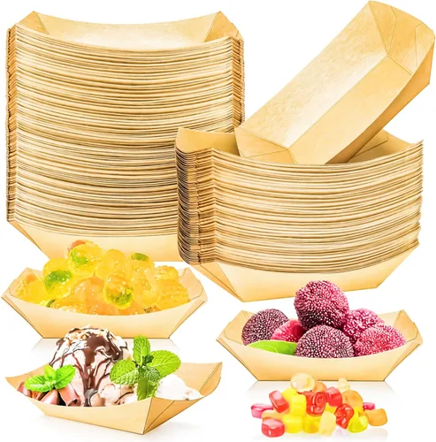 Miniatura 9 de Paquete de 80 bandejas de papel desechables de 2 libras para botes de papel, bandeja de servir comida kraft, platos para aperitivos, palomitas