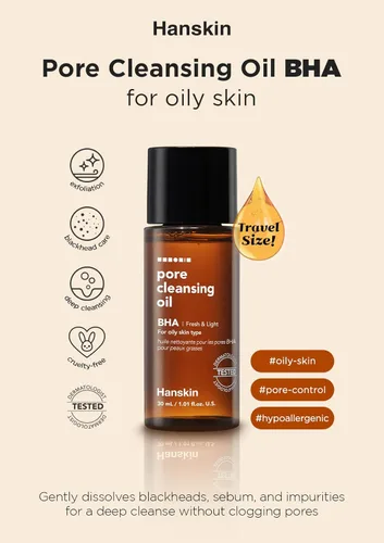 Miniatura 2 de Hanskin BHA - Aceite limpiador de poros, tamaño de prueba de muestra, juego de mini removedor de maquillaje de tamaño de viaje, limpiador suave