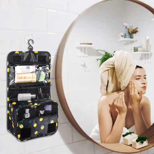 Miniatura 6 de Pengxiaomei Neceser para mujer, bolsa de cosméticos impermeable para colgar, bolsa portátil de maquillaje de viaje, bolsa de baño con asa Beige