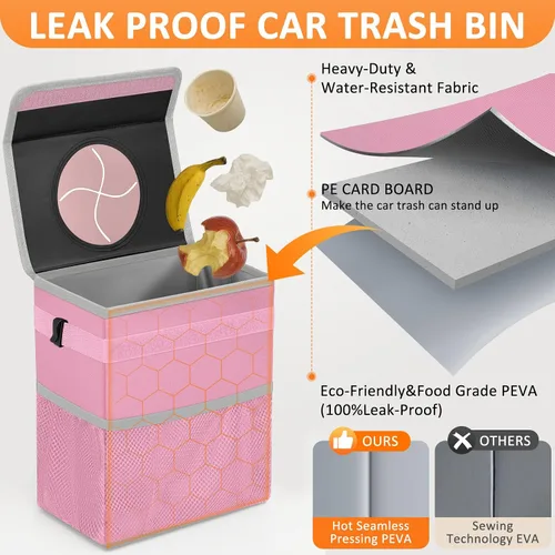Miniatura 3 de Vankor - Cubo de basura para coche rosa, lindo, accesorios de coche rosa para mujeres, botes de basura automotrices impermeables, cubo de basura