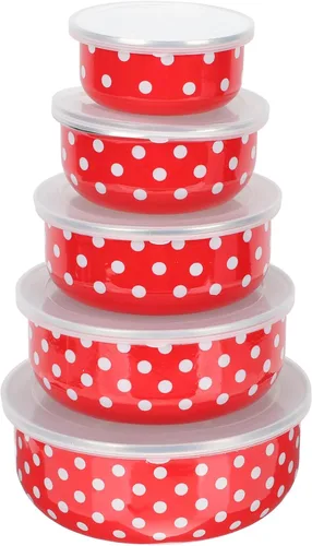Hemoton Juego de 5 cuencos para mezclar con tapas, revestimiento esmaltado, apilables, para ensalada, pasta, pastel, galletas, cereales, sopa,