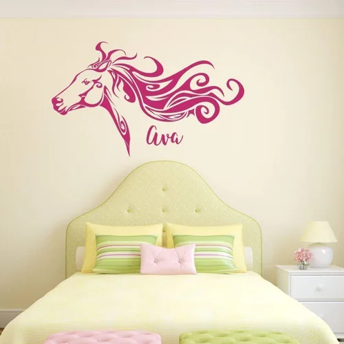 Miniatura 5 de Calcomanía de pared de vinilo de cabeza de caballo con nombre personalizado para dormitorio de niñas o niños Adhesivo decorativo artístico