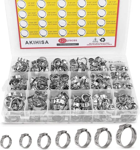 Miniatura 8 de AKIHISA 100 abrazaderas de manguera de oreja de 5 tamaños, 0.827-1.126 in, juego de anillos de crimpado Pex de acero inoxidable 304, juego surtido