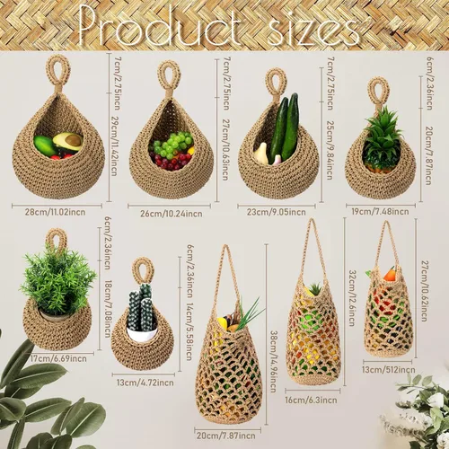 Miniatura 2 de 9 cestas colgantes de yute para cocina, cestas de pared tejidas estilo bohemio, almacenamiento de productos para ajo, cebolla, papa, plátano, ahorro