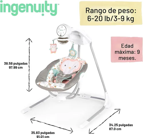 Miniatura 6 de Ingenuity InLighten - Columpio para bebé de 5 velocidades, asiento giratorio para bebé, arnés de seguridad de 5 puntos, sonidos naturales, luces