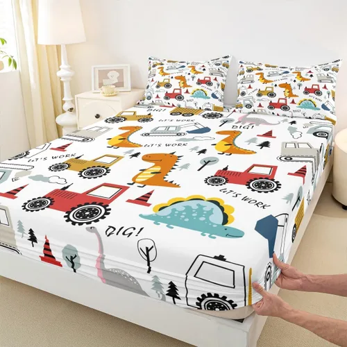 Miniatura 4 de Feelyou, juego de sábanas ajustadas con temática de construcción, niños, dinosaurios de dibujos animados, juego de ropa de cama para niños, Multi 37
