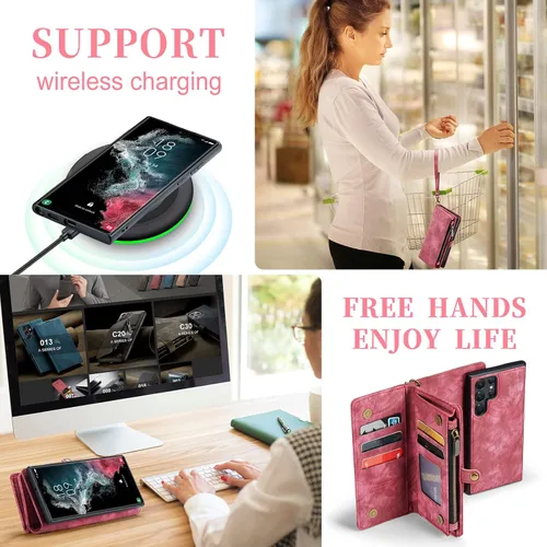 Miniatura 6 de Asuwish Funda de teléfono para Samsung Galaxy S22 Ultra 5G con cremallera, protector de pantalla de vidrio templado y tarjetero abatible, accesorios