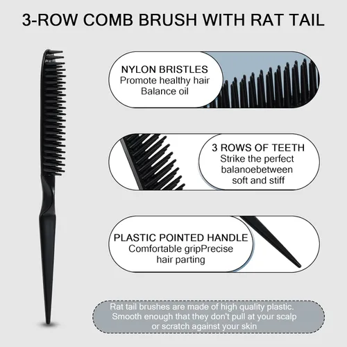 Miniatura 2 de SIMPOR Peine de pelo de 3 filas para desenredar natural, cepillo de peinado de pelo, cerdas de nailon, peine de cola de rata, para mujeres y Negro