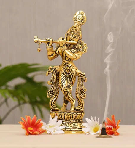 KridayKraft Lord Krishna Estatua de metal, Krishna Murti tocando la flauta para Temple Pooja, decora tu hogar, oficina y regalo a tus familiares,