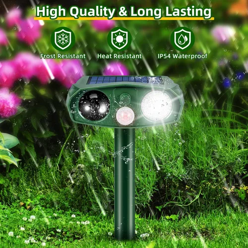 Miniatura 5 de Repelente solar de animales para exteriores, disuasorio ultrasónico de jardín con sensor de movimiento para gatos, ardillas y roedores, estaca
