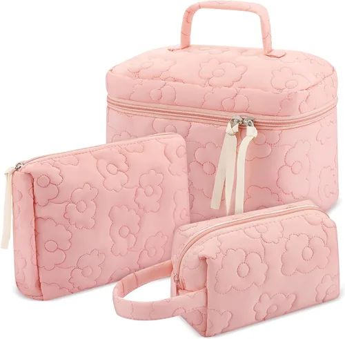 Miniatura 11 de Paterr Juego de 3 bolsas de maquillaje acolchadas grandes de algodón para mujer, bolsa organizadora de artículos de tocador de viaje para Azul