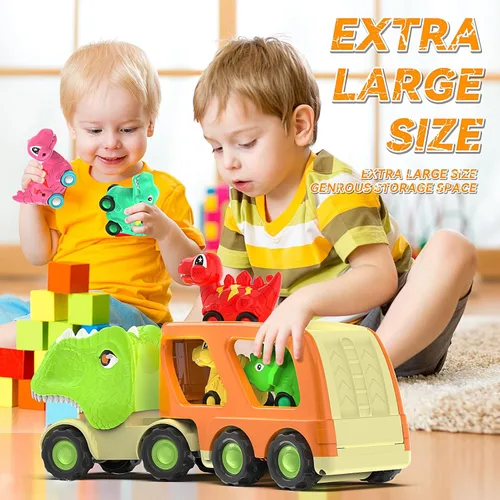 Miniatura 4 de Veslier Juguetes de Dinosaurio para Niños de 2-4 y 3-5 años con 6 Vehículos de Coche de Dinosaurio, Camión Transportador de Dino con Música y Sonido