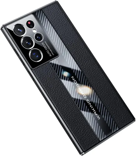 Lunivop Funda para Samsung Galaxy S22 Ultra 5G de 6.8 pulgadas, TPU de lujo de fibra de carbono y cubierta trasera de cuero, compatible con S Negro