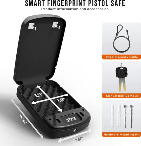 Miniatura 6 de RPNB Caja fuerte para armas, caja fuerte biométrica para pistola, caja fuerte para pistola para mesita de noche con huella digital biométrica, panel