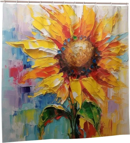 Miniatura 7 de YLATY2220 - Cortina de ducha de girasol para baño, pintura al óleo, hojas verdes, flores, bohemio, tela amarilla abstracta, moderna, impermeable
