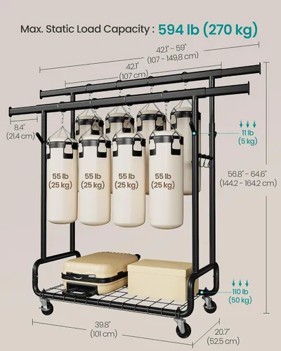 Miniatura 5 de SONGMICS Perchero de Ropa, Perchero de Ropa Rodante de Servicio Pesado con Ruedas, Barras Colgantes Dobles Extensibles y Altura Ajustable, Portátil