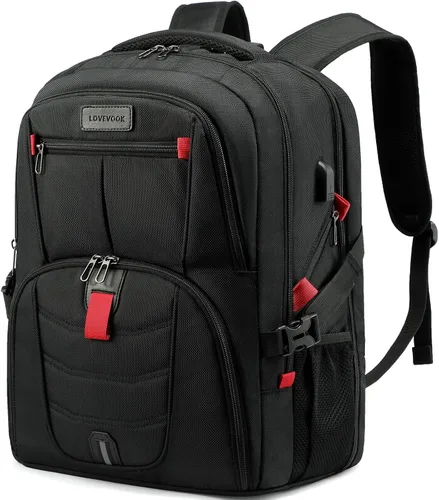 Miniatura 24 de LOVEVOOK Mochila grande de viaje y para laptop, impermeable, antirrobo, con cerradura y puerto de carga USB, para negocios, hombres, mujeres, Negro