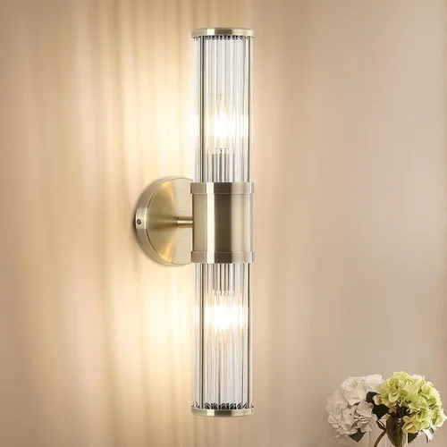 Miniatura 10 de Moderna lámpara de tocador de latón cepillado, aplique de pared con doble varilla de vidrio para baño, base de candelabro E12, iluminación de Latón