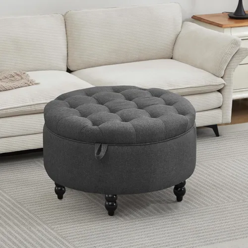 Miniatura 13 de Otomana de almacenamiento redonda de cuero PU de 30 pulgadas con bandeja, mesa de centro moderna tapizada con capitoné con almacenamiento, otomana