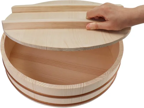 Miniatura 5 de Kichgather Tazón de arroz de madera para sushi con tapa Hangiri Sushi Oke Sushi Arroz Mezclador (13 pulgadas con tapa)