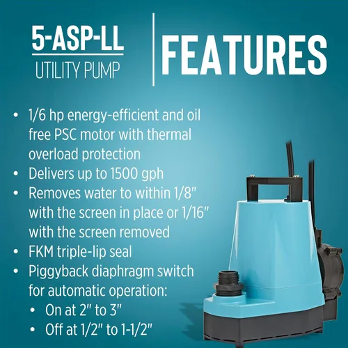Miniatura 3 de Little Giant 5-ASP-LL Bomba de Utilidad de Aluminio Automática de 115 Voltios, 1/6 HP, 1500 GPH con Interruptor de Diafragma Piggy-back de Bajo