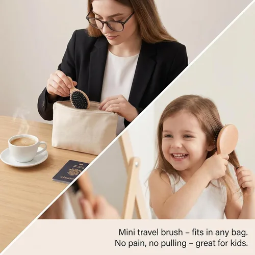 Miniatura 5 de Juego de cepillo y peine de cerdas de jabalí para mujeres, hombres y niños, el mejor cepillo de pelo de paleta de madera natural y cepillo