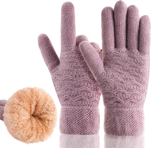 Guantes de invierno cálidos para pantalla táctil para mujer, guantes térmicos de punto de lana con forro polar para clima frío