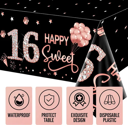 Miniatura 4 de Paquete de 3 manteles decorativos de cumpleaños dulce 16 para niñas, cubierta de mesa con temática de feliz cumpleaños dieciséis en oro rosa