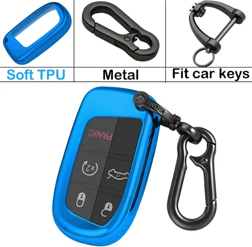 Miniatura 6 de Kirsnda Funda para llavero Jeep, con llavero compatible con Grand Cherokee Renegade Chrysler 200 300 Dodge Durango Challenger Journey Dart Fiat Azul