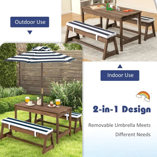 Miniatura 3 de Costzon Mesa de Picnic para Niños, Juego de Mesa y Silla de Madera para Niños Pequeños con Cojines, Sombrilla de Altura Ajustable, Mesa