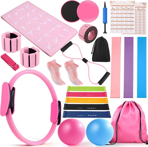 Equipo de pilates, kit de pilates con anillo de pilates de 15 pulgadas, 2 bolas de 9.8 pulgadas, bandas de resistencia, pesas de tobillo,
