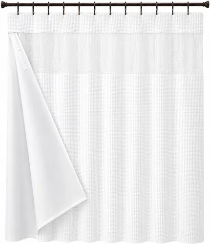 Miniatura 17 de Juego de cortina de ducha de tejido gofre con forro – Cortina de baño moderna con ventana superior de malla – Diseño de tela de alta calidad