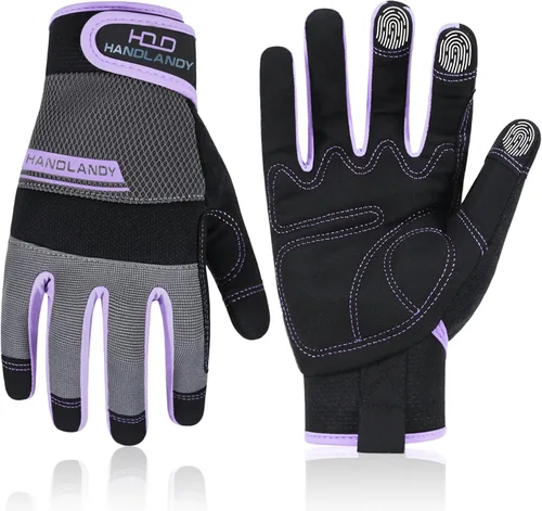 HANDLANDY Work Gloves for Women, Breathable Leather Gardening Glove for Yard Maintenance, Hand Protection with Touch Screen Púrpura claro