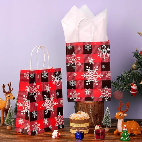 Miniatura 5 de Paquete de 32 bolsas de regalo de fiesta de copo de nieve de Navidad, bolsas de regalo a cuadros rojos y negros con tejido blanco, bolsa de papel