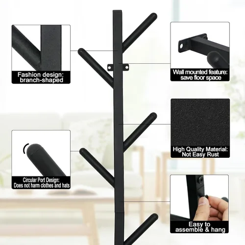 Miniatura 5 de Juego de 2 percheros negros para pared, perchero flotante de diseño moderno, perchero para ropa, bufandas, bolsos, gorras, ganchos verticales