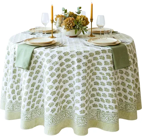 Miniatura 40 de ATOSII Mantel Redondo Bohemio Jade de Algodón 100%, Mantel de Lino con Estampado Floral de Bloques para Comedor, Fiestas, Bodas, Exteriores I