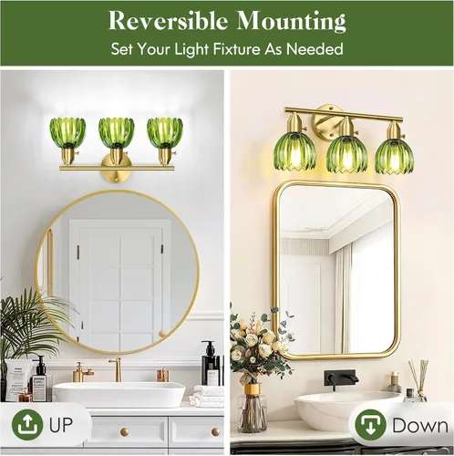 Miniatura 3 de Lámparas de baño – Luces de tocador doradas de 3 luces con pantalla de cristal de tulipán verde, accesorio de iluminación de baño de latón sobre Oro