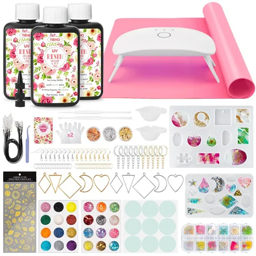 YIEHO Kit de resina UV de 10.58 oz con luz y moldes, kit de fabricación de joyas de resina premezclada endurecida transparente mejorada para