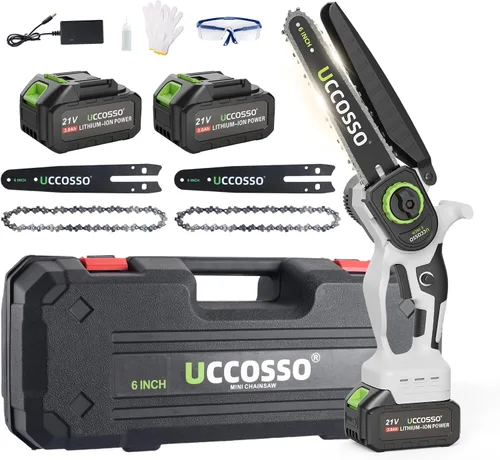 Miniatura 9 de Mini motosierra inalámbrica de 6 pulgadas, motosierra eléctrica con motor fuerte, 2 cadenas incluidas para recortar árboles, corte de ramas, claro