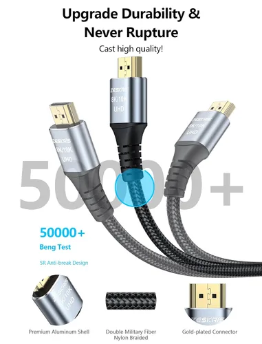 Miniatura 6 de ZESKRIS Cable HDMI de 10 pies/3M 10K 8K, cable trenzado HDMI de alta velocidad de 48 Gbps, 4K @120Hz 144Hz 8K @60Hz eARC HDR10 HDCP 2.2 2.3 cables
