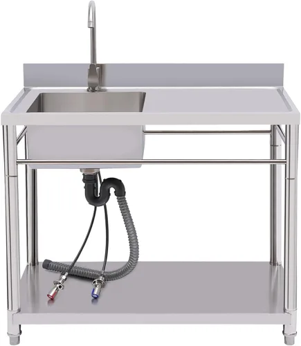 Miniatura 20 de Fregadero de cocina de restaurante comercial independiente de acero inoxidable con soporte, preparación de cocina y lavabo de mano para el hogar