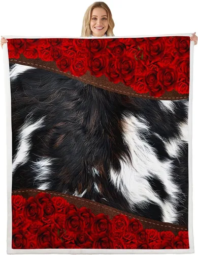 Manfei Manta de piel de vaca, manta de cama de flores de rosa roja para decoración de habitación de niños y niñas, manta abstracta de piel animal